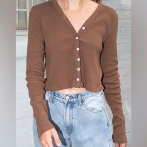 Brandy Melville Brown Button Up Ribbed Long Sleeve Paige Top Size Small